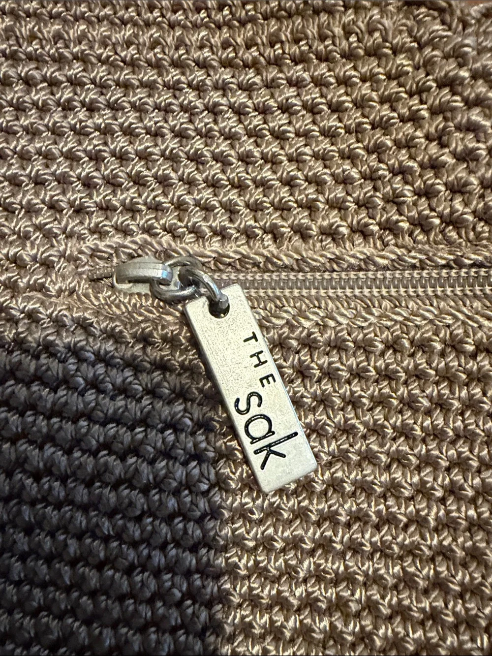 The sak Taupe Crochet Shoulder Bag with Front Zip Pocket