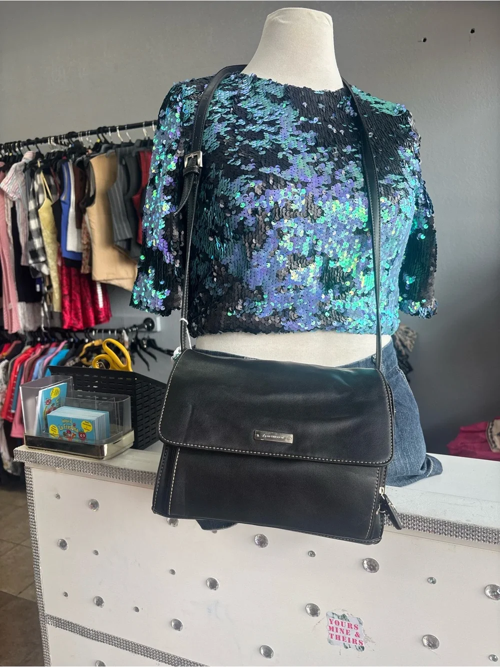 Vintage Y2K Liz Claiborne Black Leather Shoulder Bag with Silver Hardware
