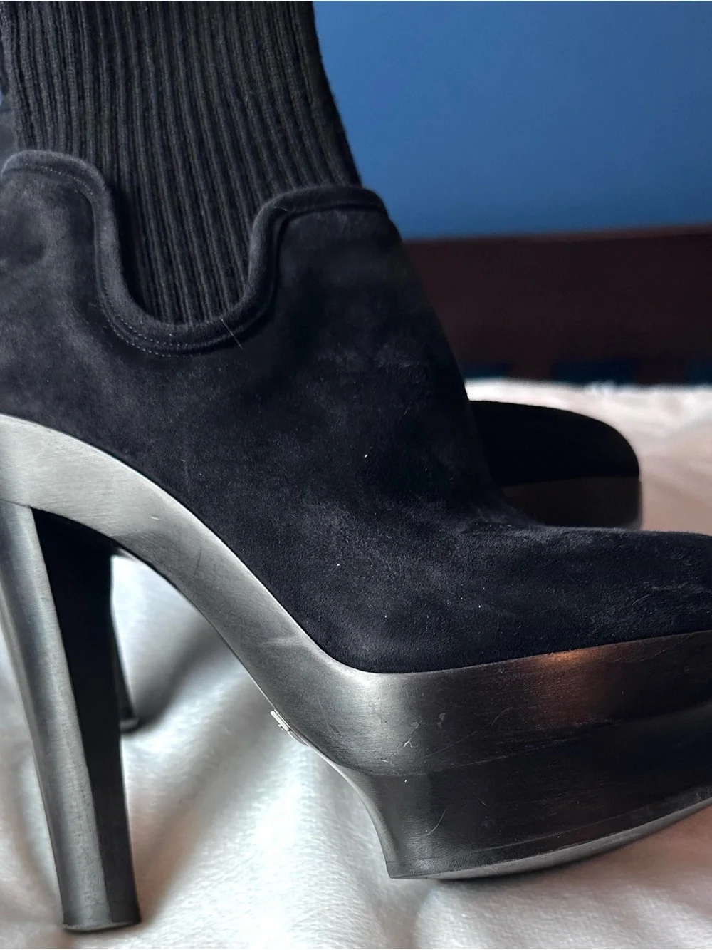 Enio Silla for Le Silla Black Suede Wool Sock Platform Stiletto Ankle Boot 7