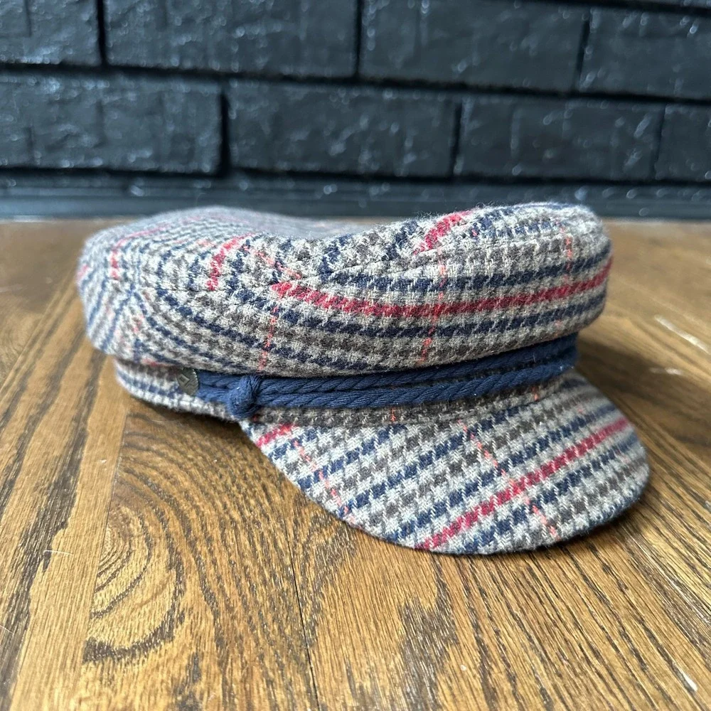 Brixton Fiddler Greek Fisherman Hat Plaid Cotton Newsboy Cap Brown Blue Small