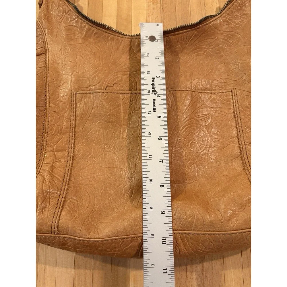 American Leather Company Tooled Leather Brown Shoulder Bag Large Zip Pockets