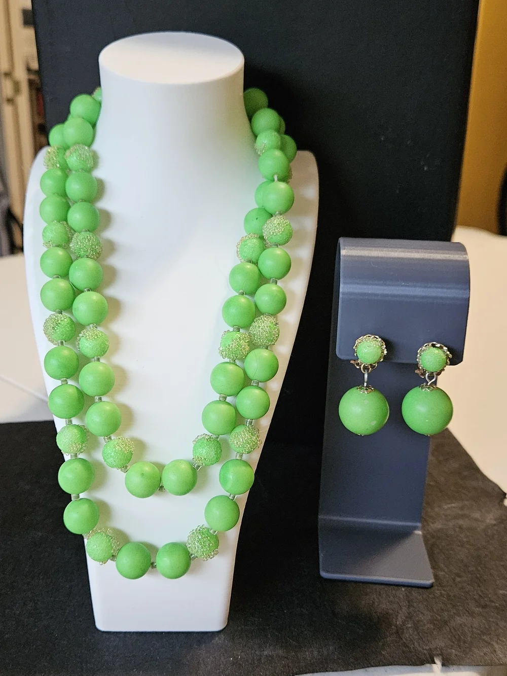 Vintage Lime Green Double-Strand Bead Necklace with Matching Drop Earrings.