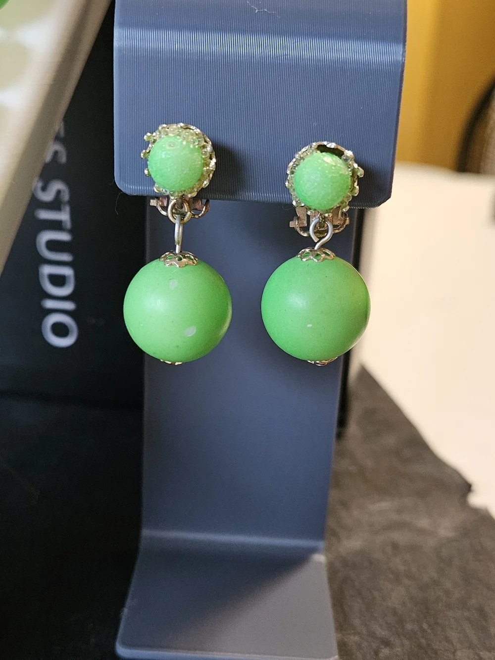 Vintage Lime Green Double-Strand Bead Necklace with Matching Drop Earrings.