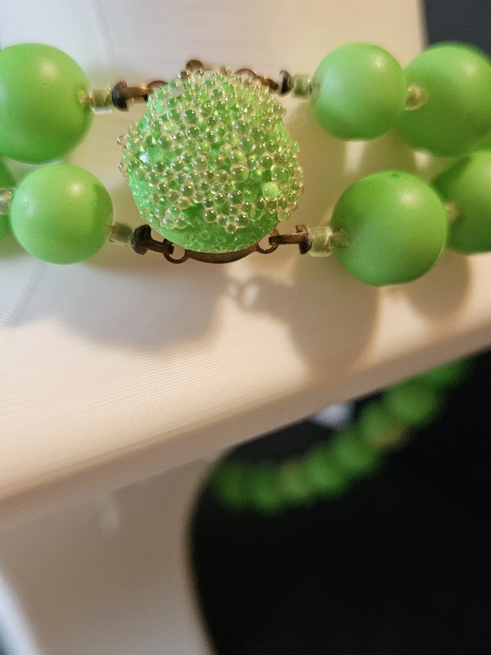 Vintage Lime Green Double-Strand Bead Necklace with Matching Drop Earrings.