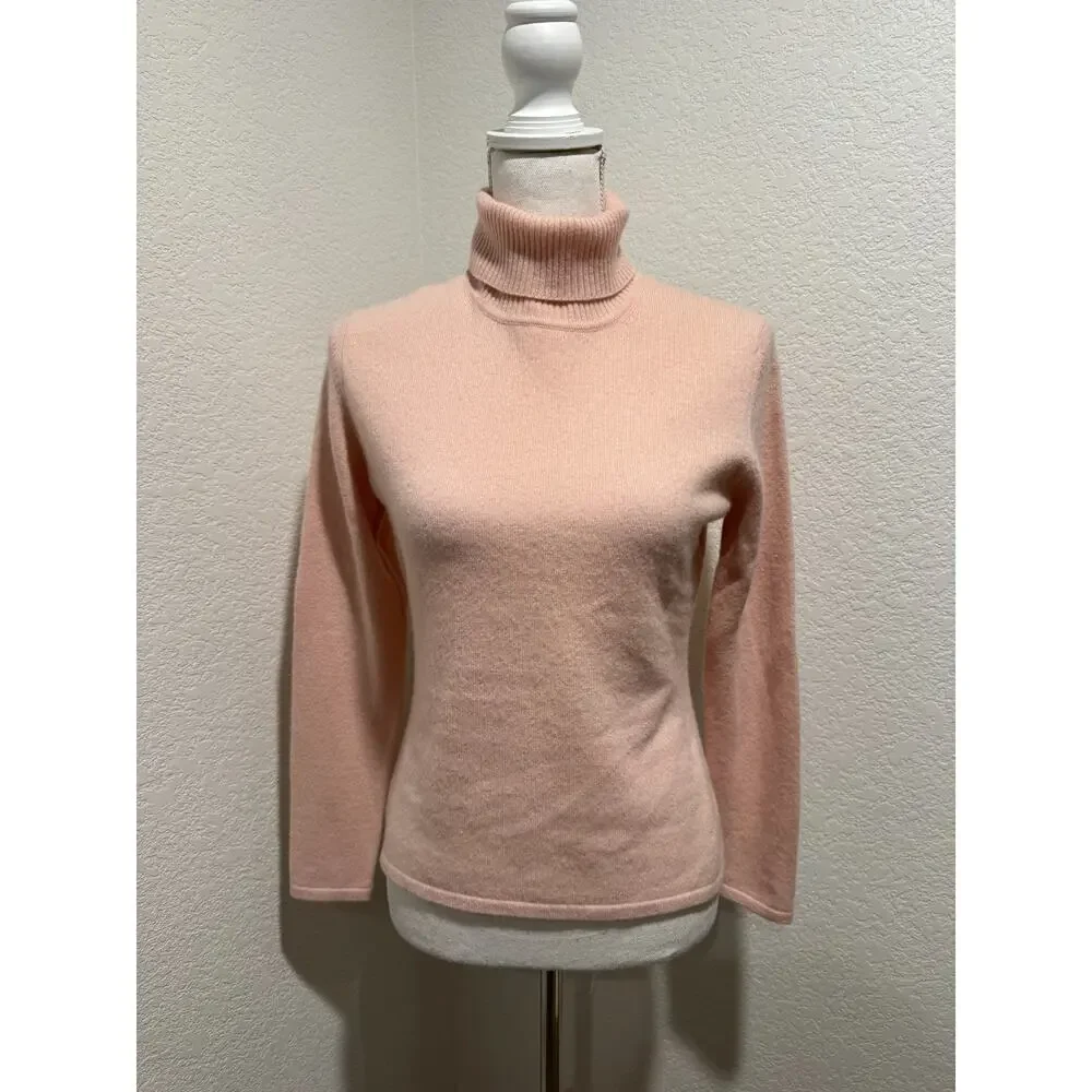 Vintage El Daws Pure Cashmere Turtleneck Womens Sz S w Ruffle Scarf 2 PC Pink