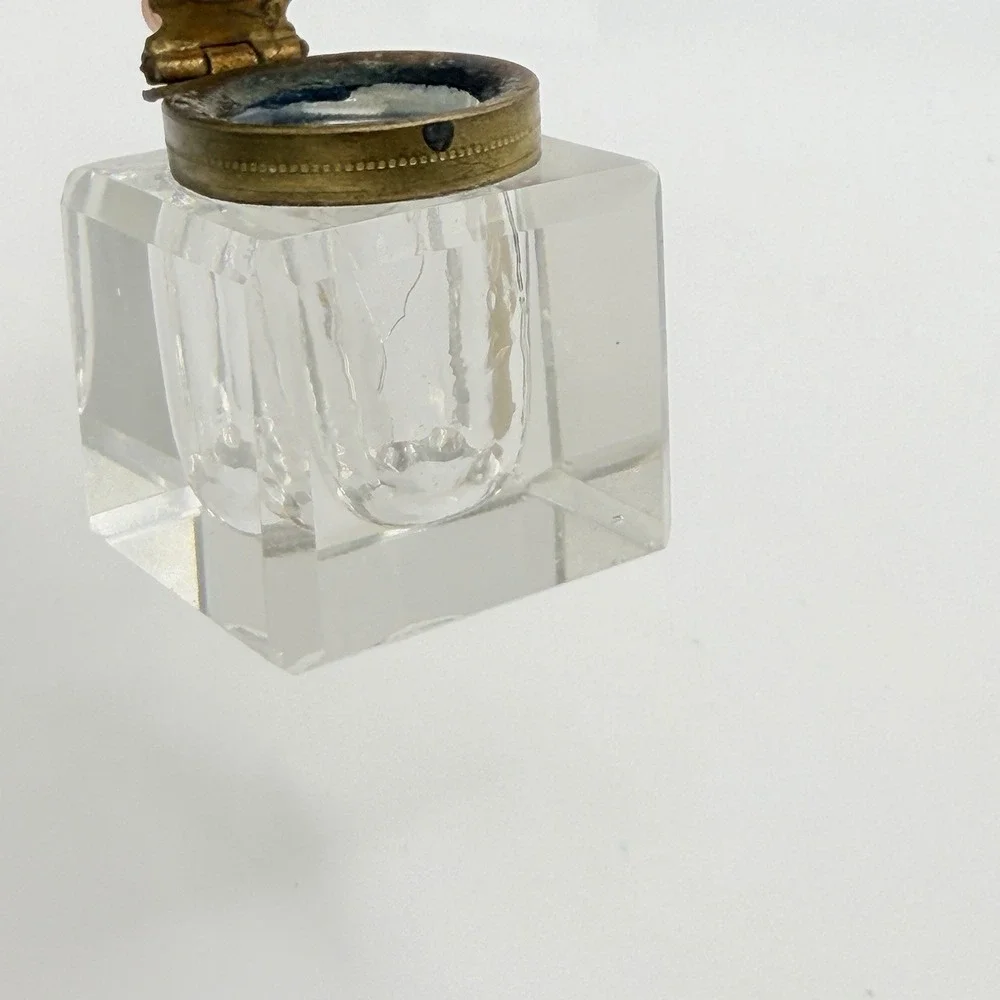 Antique Victorian Crystal Inkwell Cut Faceted Glass Brass Lid Hinge 2