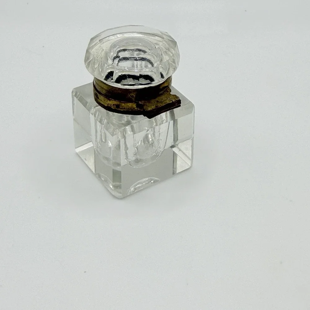 Antique Victorian Crystal Inkwell Cut Faceted Glass Brass Lid Hinge 2