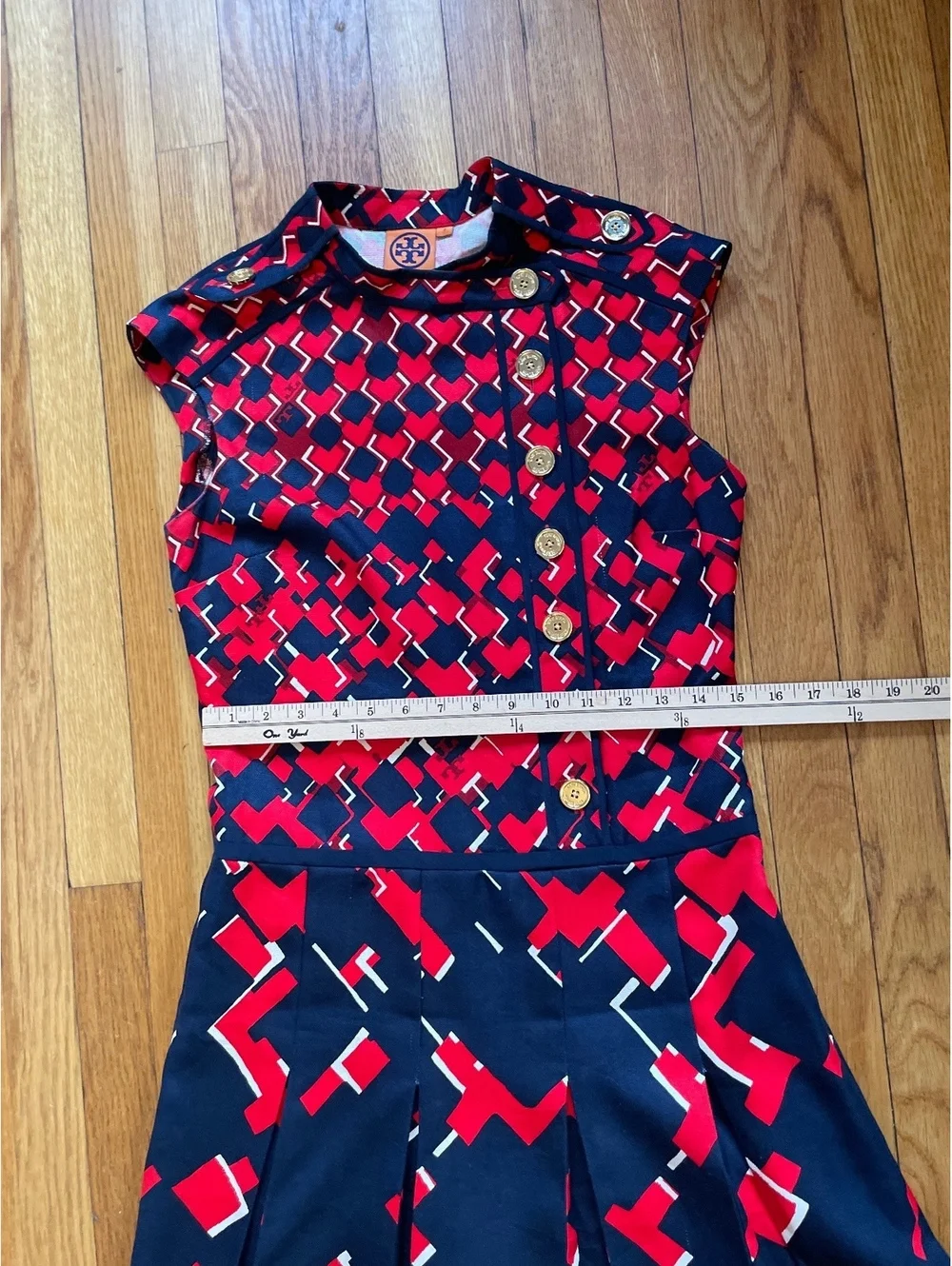 Tory Burch Truman Silk Dress Red Navy Geometric Pleated Size 2