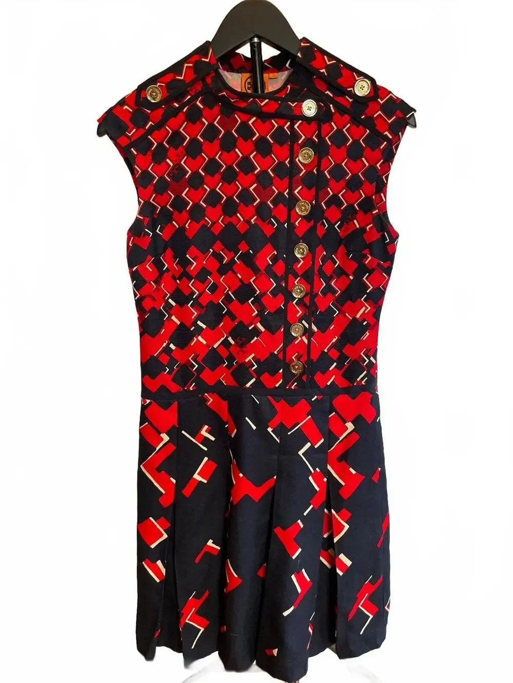 Tory Burch Truman Silk Dress Red Navy Geometric Pleated Size 2