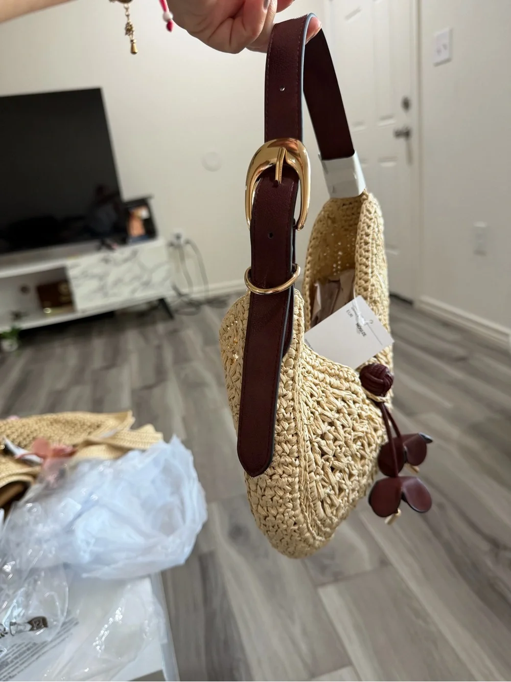 H&M Natural Straw Crescent Shoulder Bag with Dark Brown Trim
