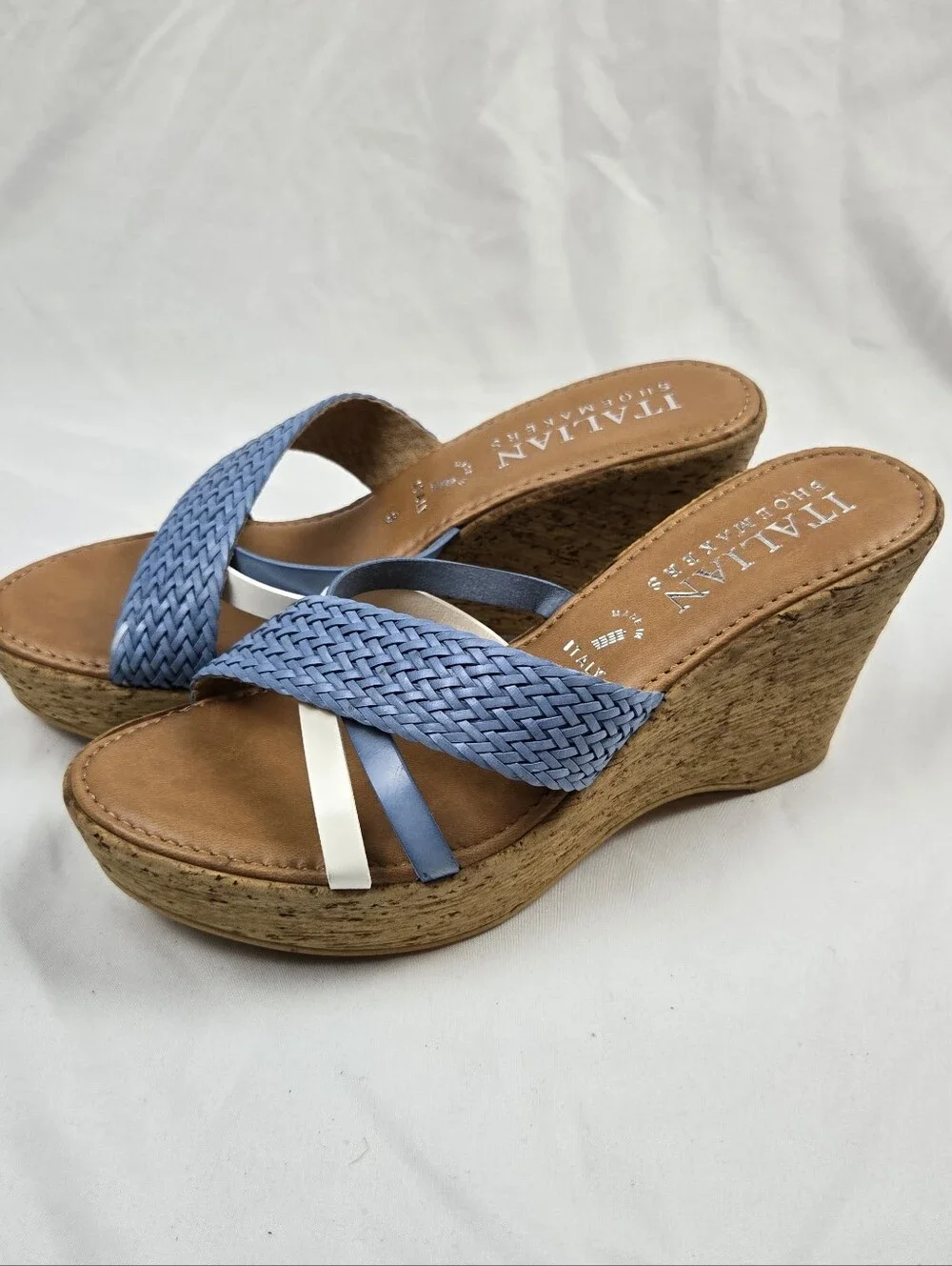 Italian Shoemakers Blue Braided Wedge Sandals Women's Size 8 Made Italy NEW
