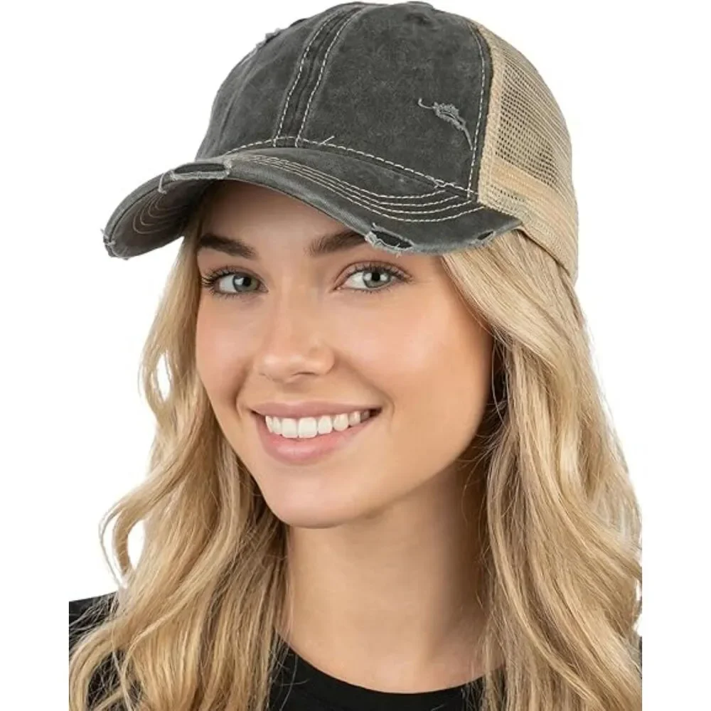 Women's Black Beige Mesh Washed Adjustable Fit Classic Comfortable Baseball Cap