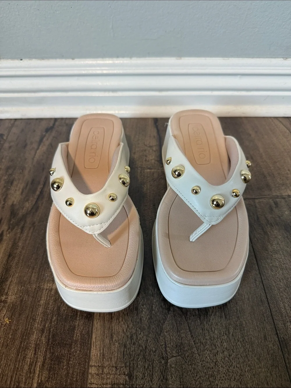 White Platform Thong Sandals with Blush Footbed and Gold Studs