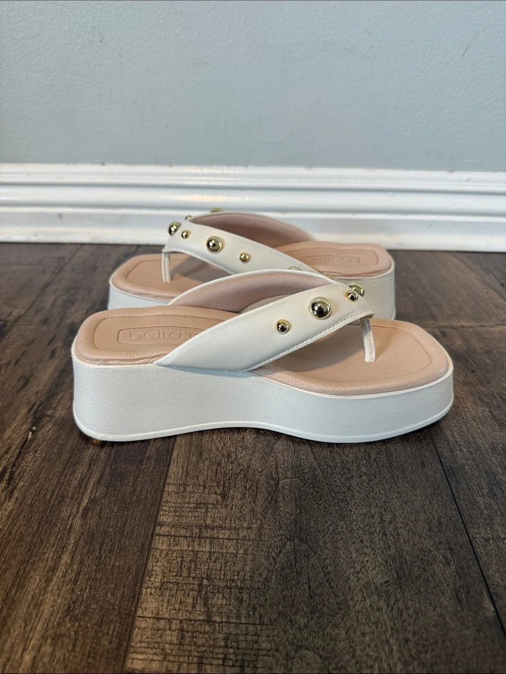 White Platform Thong Sandals with Blush Footbed and Gold Studs