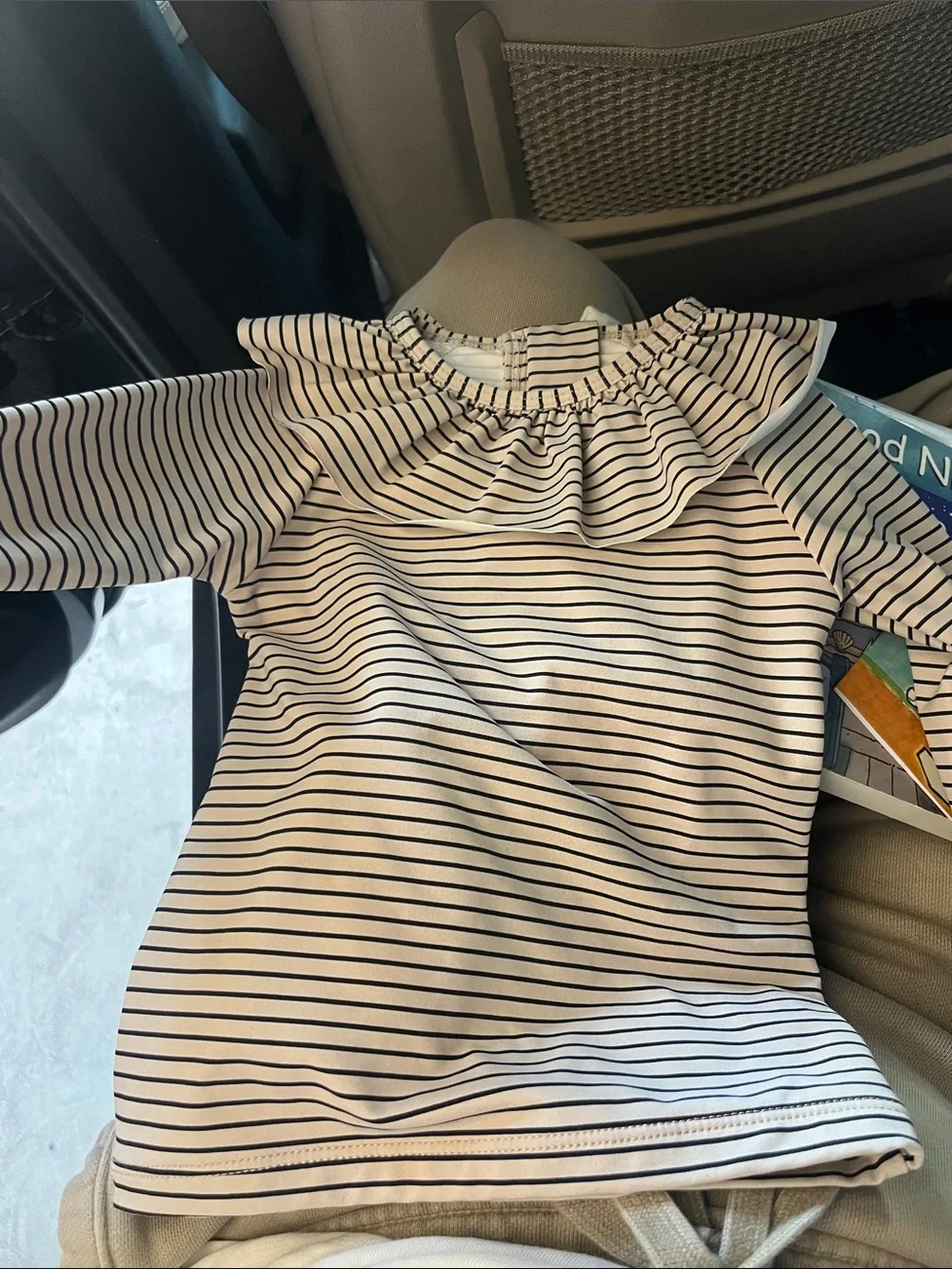 Girls' Striped Ruffle Neck Swim Rashguard - White & Black
