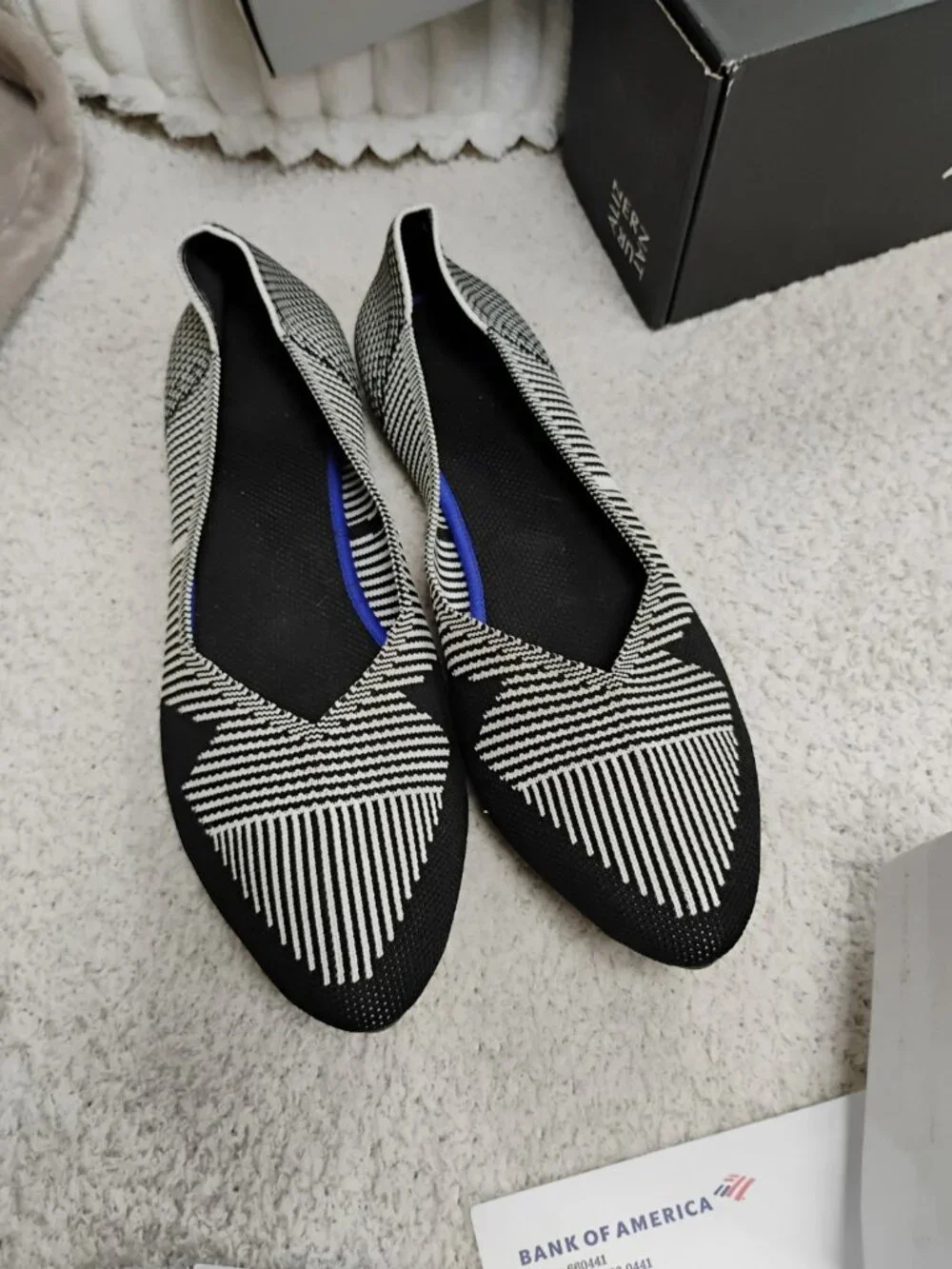 Black, White Striped Knit Pointed Toe Flats Women’s Size 9