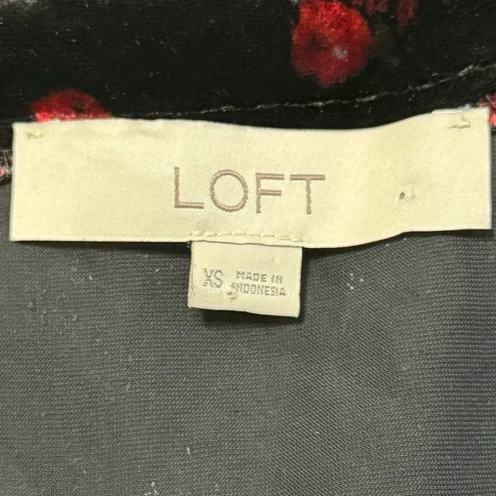 LOFT Velvet Top with Red Floral Design Puff Sleeve Vamp Fairy Grunge Whimsigoth