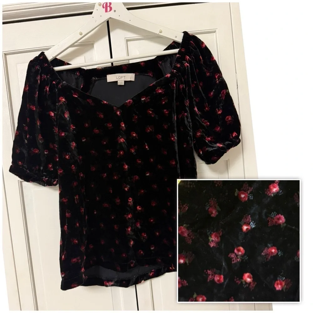LOFT Velvet Top with Red Floral Design Puff Sleeve Vamp Fairy Grunge Whimsigoth
