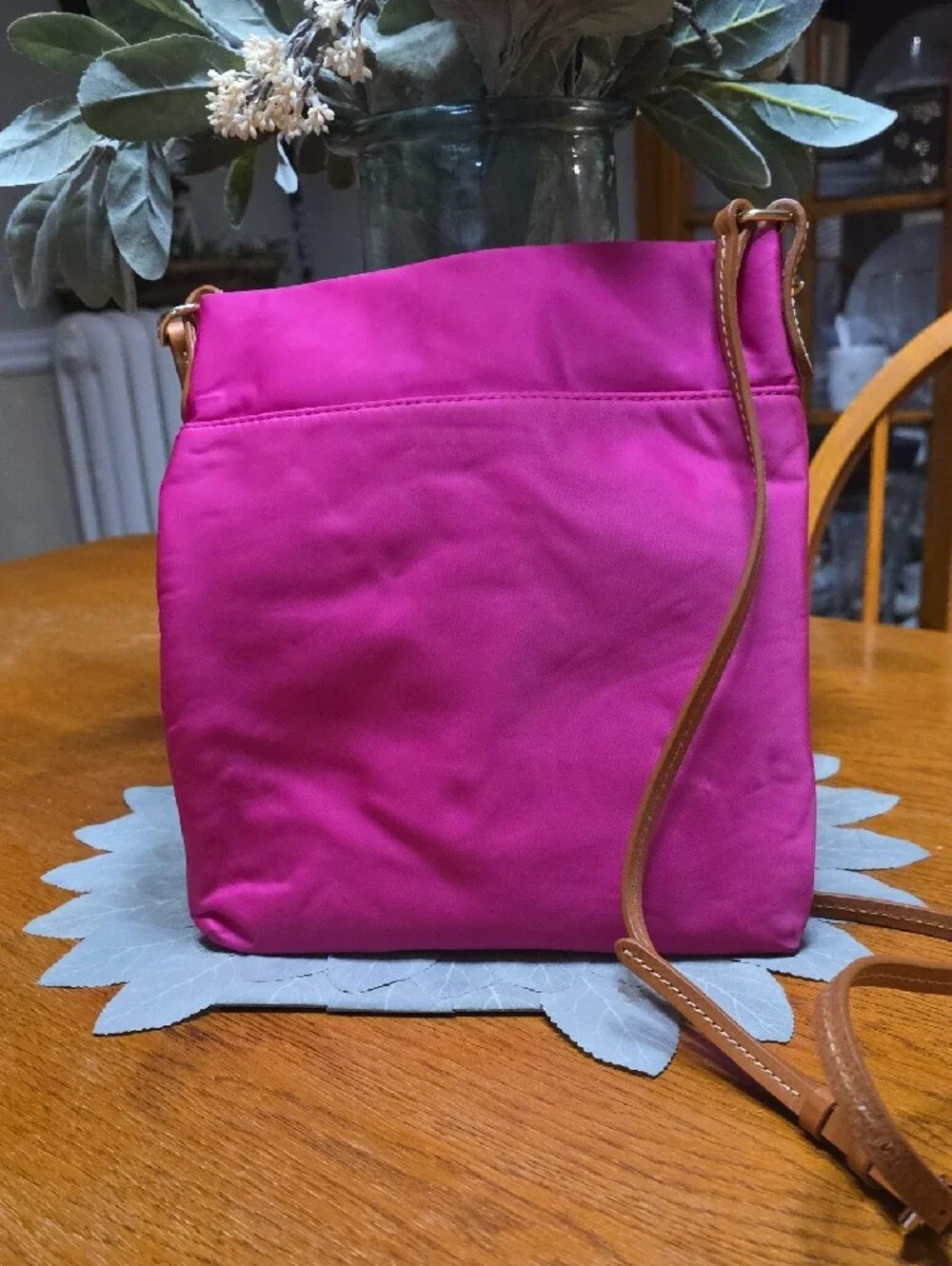 Dooney & Bourke Fuchsia Nylon Crossbody with Tan Leather Strap