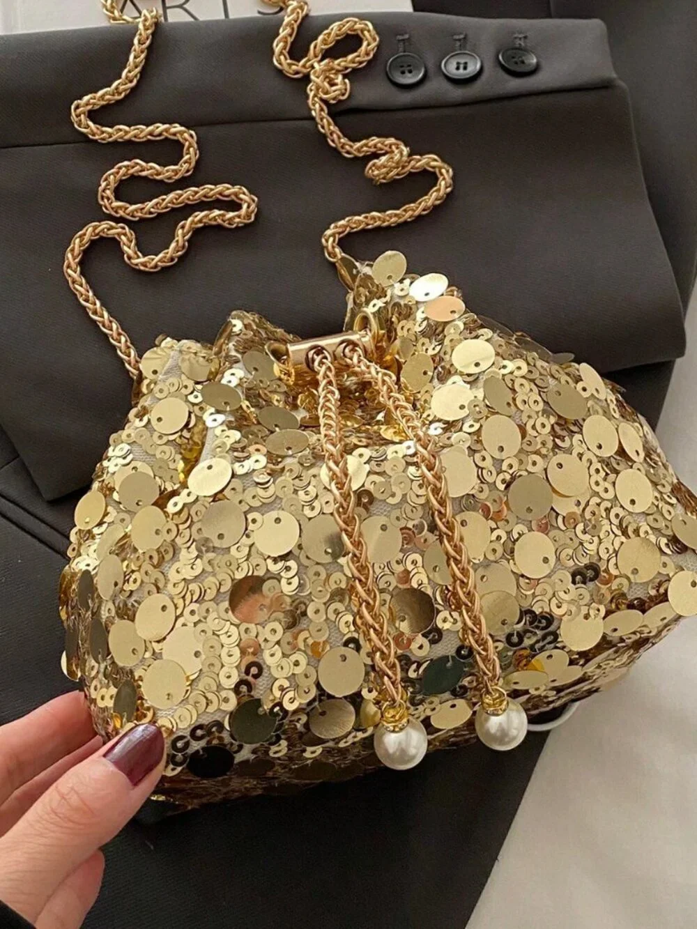 Gold Glamorous Women's Sequin Faux Pearl Decor Bucket Shoulder Crossbody  Bag