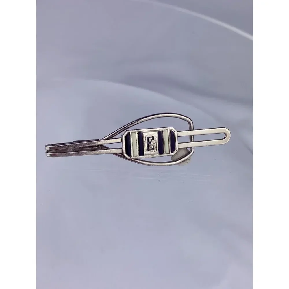 E Initial Silver Tone Tie Clip Bar White Black Enamel Retro Vintage O1