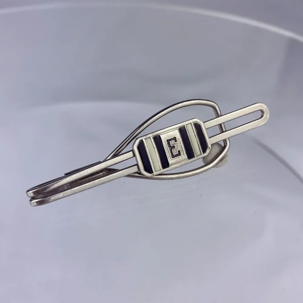 E Initial Silver Tone Tie Clip Bar White Black Enamel Retro Vintage O1