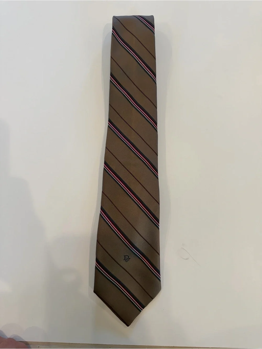 Vintage Christian Dior Mens Tie Striped Brown Red Silk Blend Woven In Italy