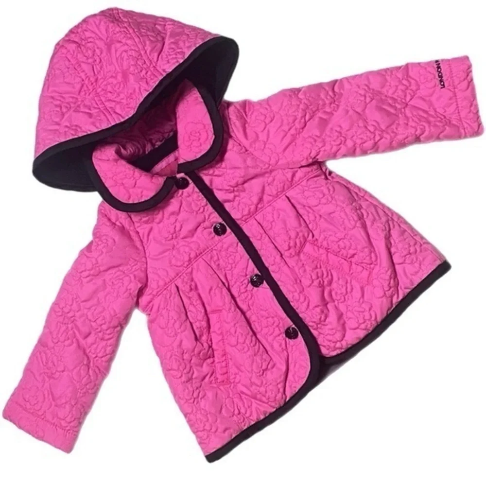 LONDON FOG pink with black piping quilted infant coat with hood Size 12M EUC
