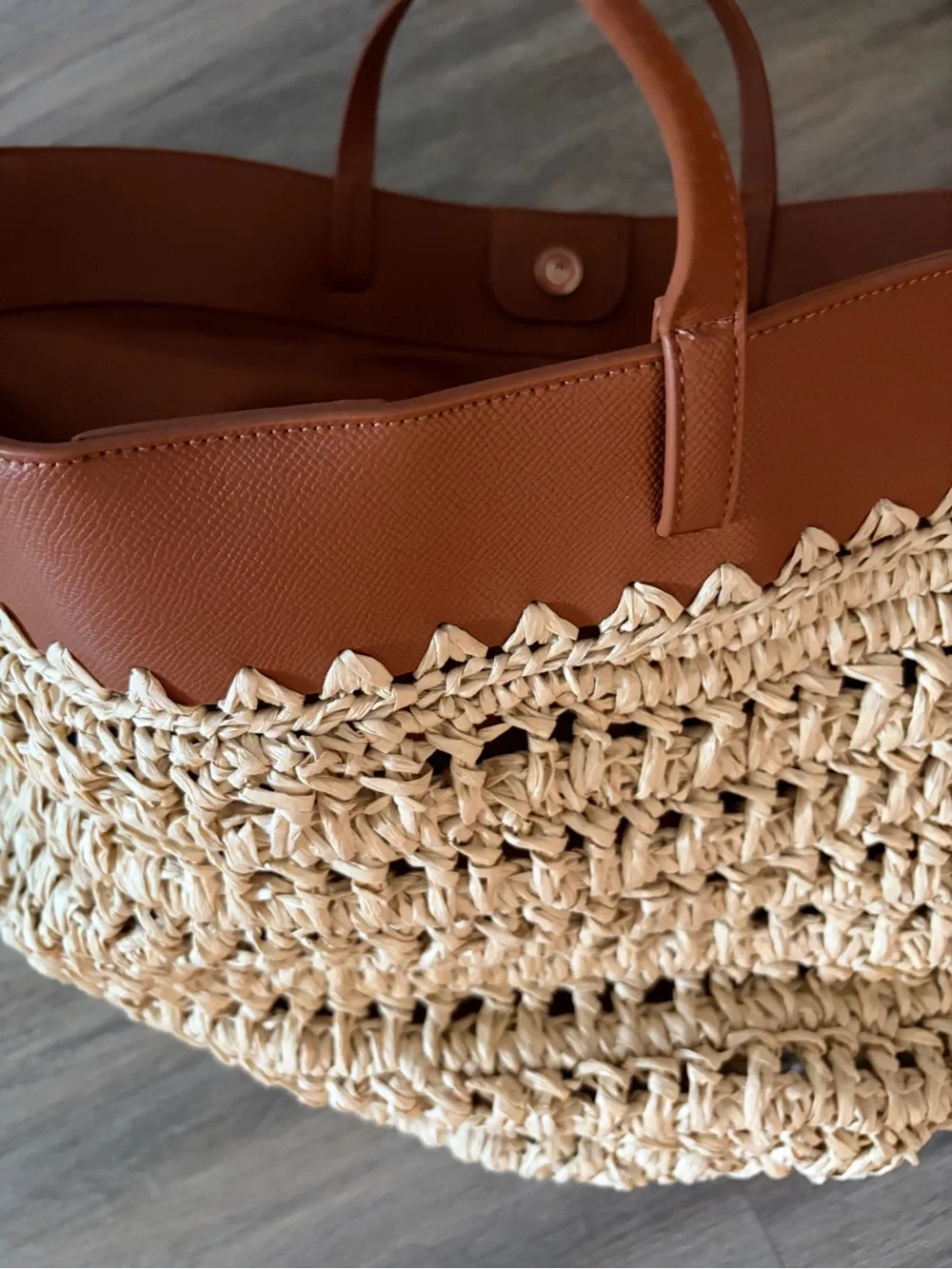 Anthropologie Beige raffia Woven & Brown Leather Tote