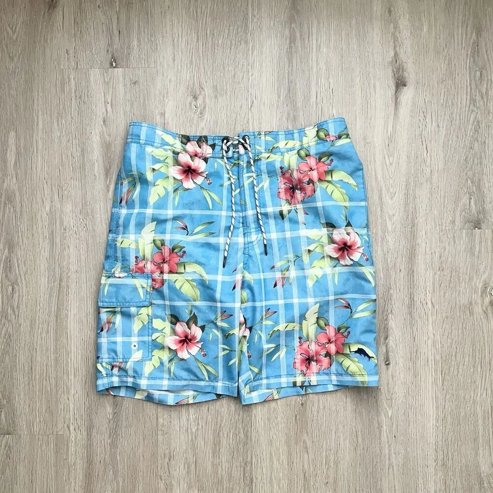 Tommy Bahama Board Shorts Swim Trunks Mens Size M Relax Blue Tropical Floral 9'