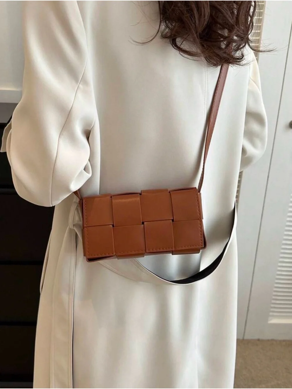 Woven Crossbody Bag with Gold Triangle Buckle in Brown
