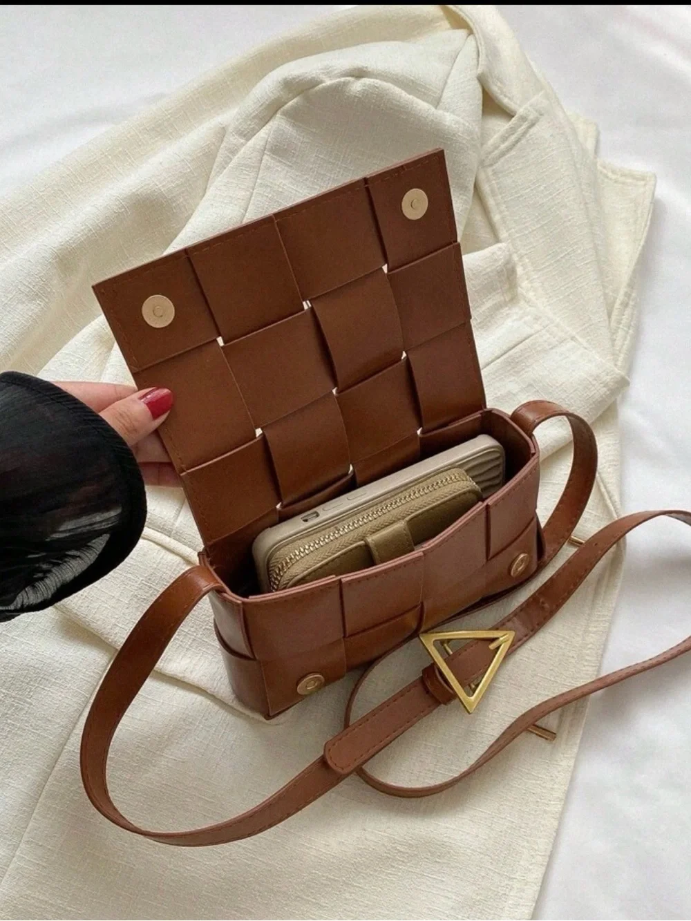 Woven Crossbody Bag with Gold Triangle Buckle in Brown