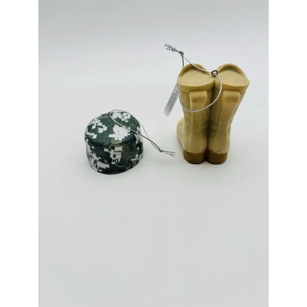 United States Army Christmas Ornament Lot Of 2 Hat And Boots Patriotic VG Cond