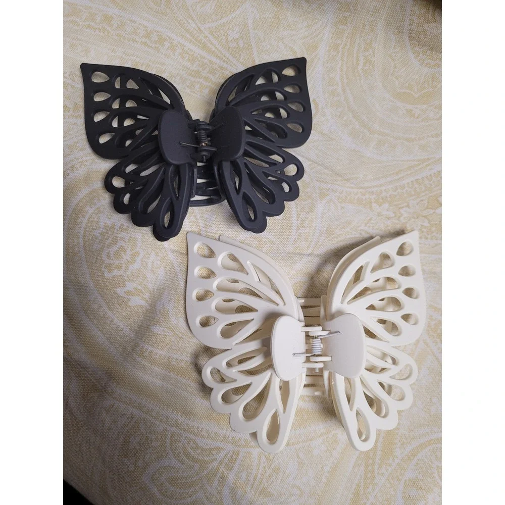 Butterfly Hair Claw Clips Set Whimsigoth Matte Black and Cream Wing Cutout Large