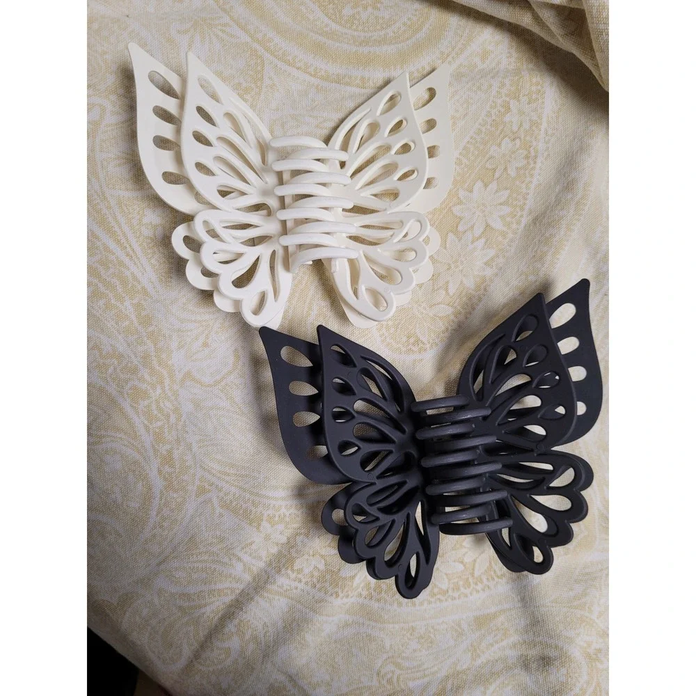 Butterfly Hair Claw Clips Set Whimsigoth Matte Black and Cream Wing Cutout Large