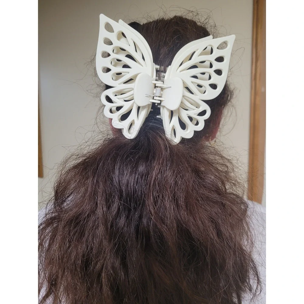 Butterfly Hair Claw Clips Set Whimsigoth Matte Black and Cream Wing Cutout Large