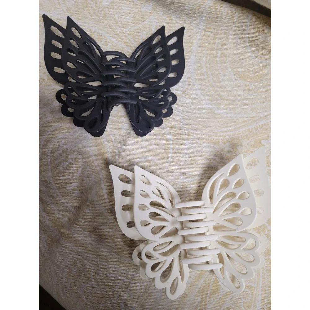 Butterfly Hair Claw Clips Set Whimsigoth Matte Black and Cream Wing Cutout Large