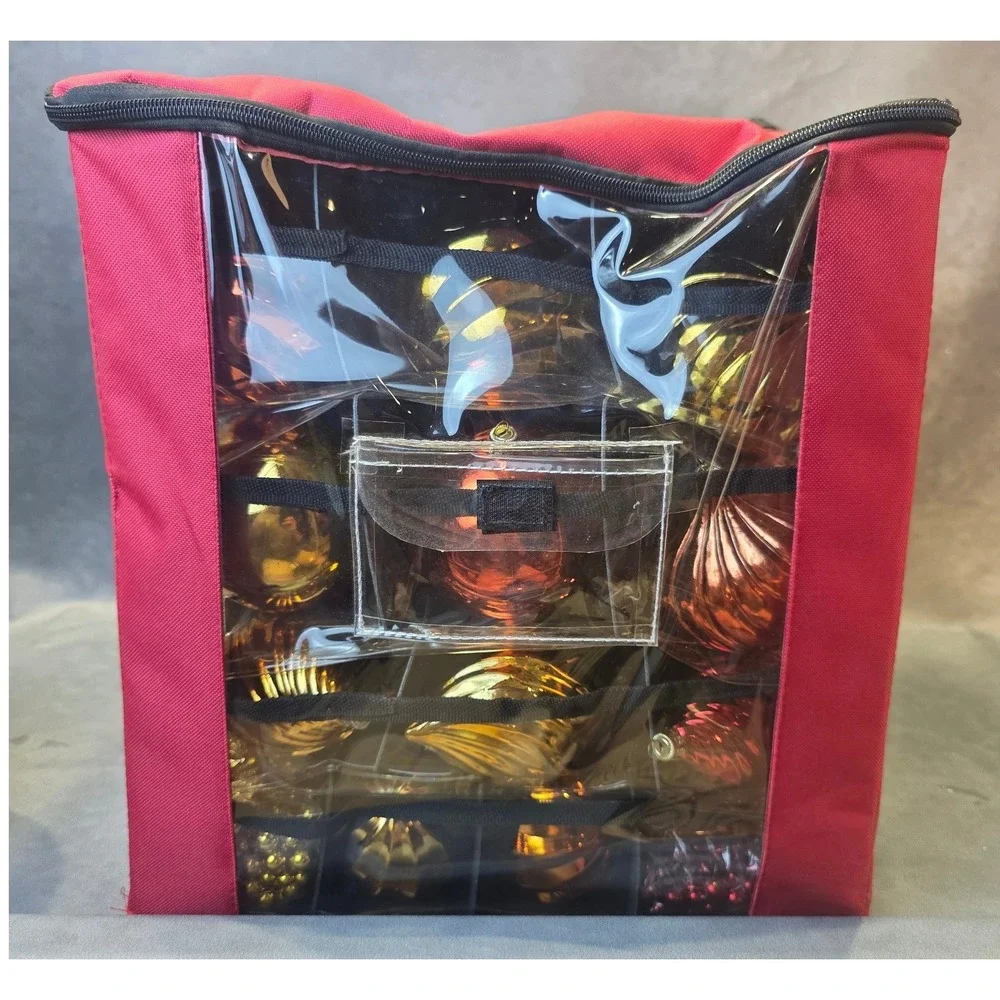 Assorted Christmas Ball Ornaments Red Gold Copper Ribbed Set with Storage Bag