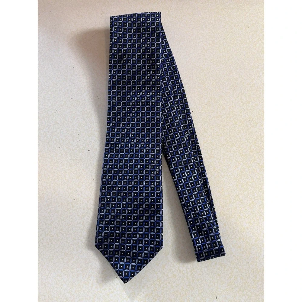 XMI Patrick James Men's Blue Geometric Silk Tie Handmade in USA Italian Fabric