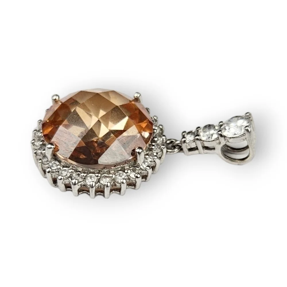 Sterling CZ Halo Pendant Faceted Amber Glass Pave White 925 Silver Drop 1 1/8