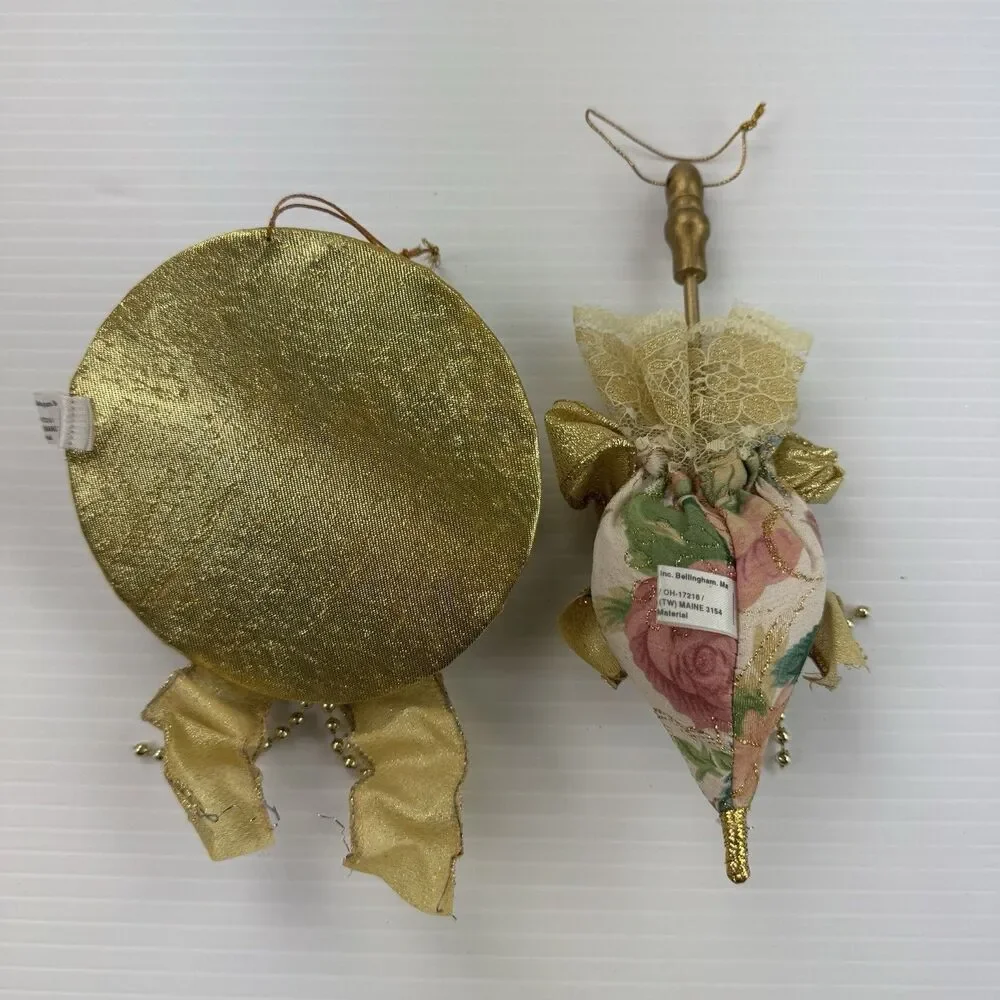 Bradford Novelty Victorian Hat & Parasol Ornaments Gold Lace Floral Fabric Set