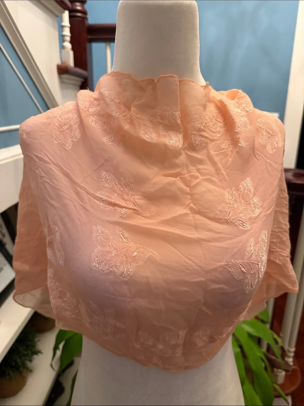 Vintage Sheer Floral Embroidered Lace Scarf Blush Pink