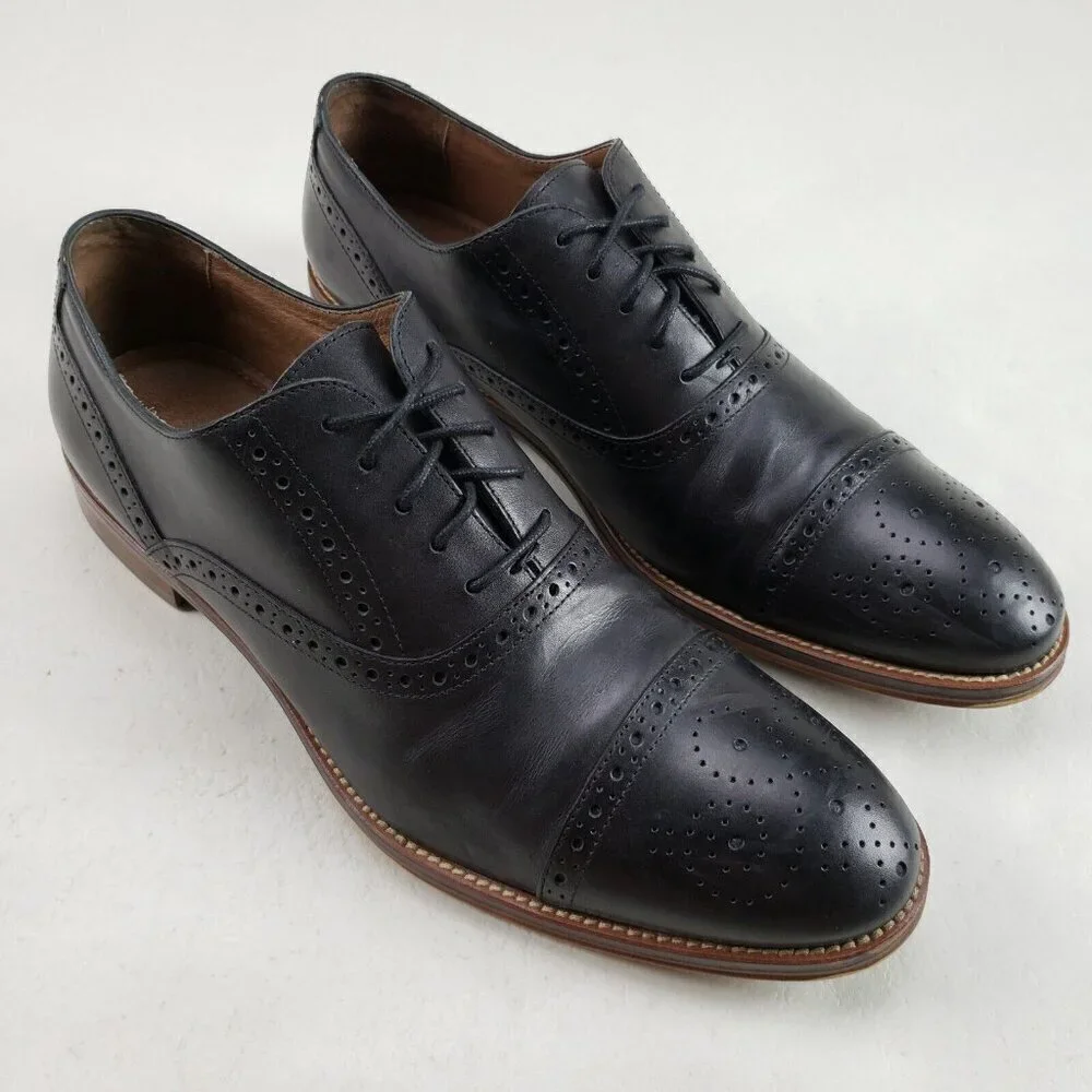 Johnston Murphy Conard Leather Oxford Mens 13 Black Brogue Cap Toe Dress Shoe