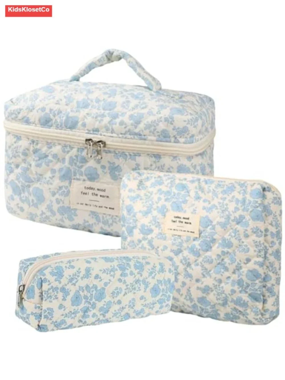 Cotton Quilted Makeup Bag Set Floral Cosmetic Toiletry Travel Organizer 3 Piece