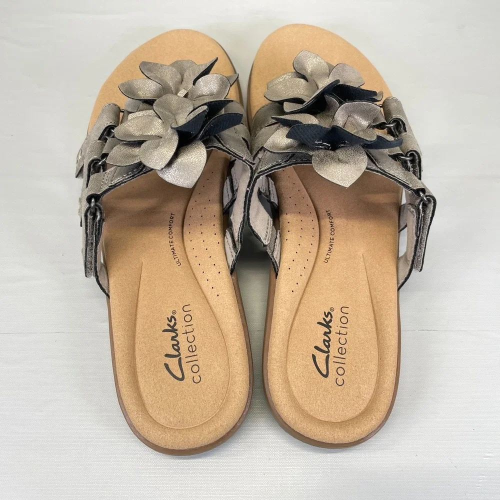 Clarks Elizabelle Mae Sandals Womens Size 9 M Pewter Metallic Shoes Thong Slides