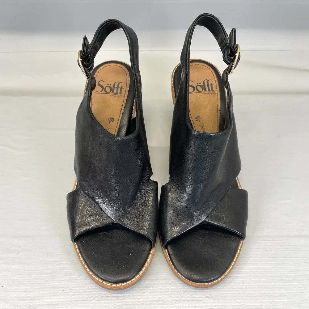 Sofft Mendi Slingback Heeled Sandals Womens Size 7 M Black Leather Buckle Shoes