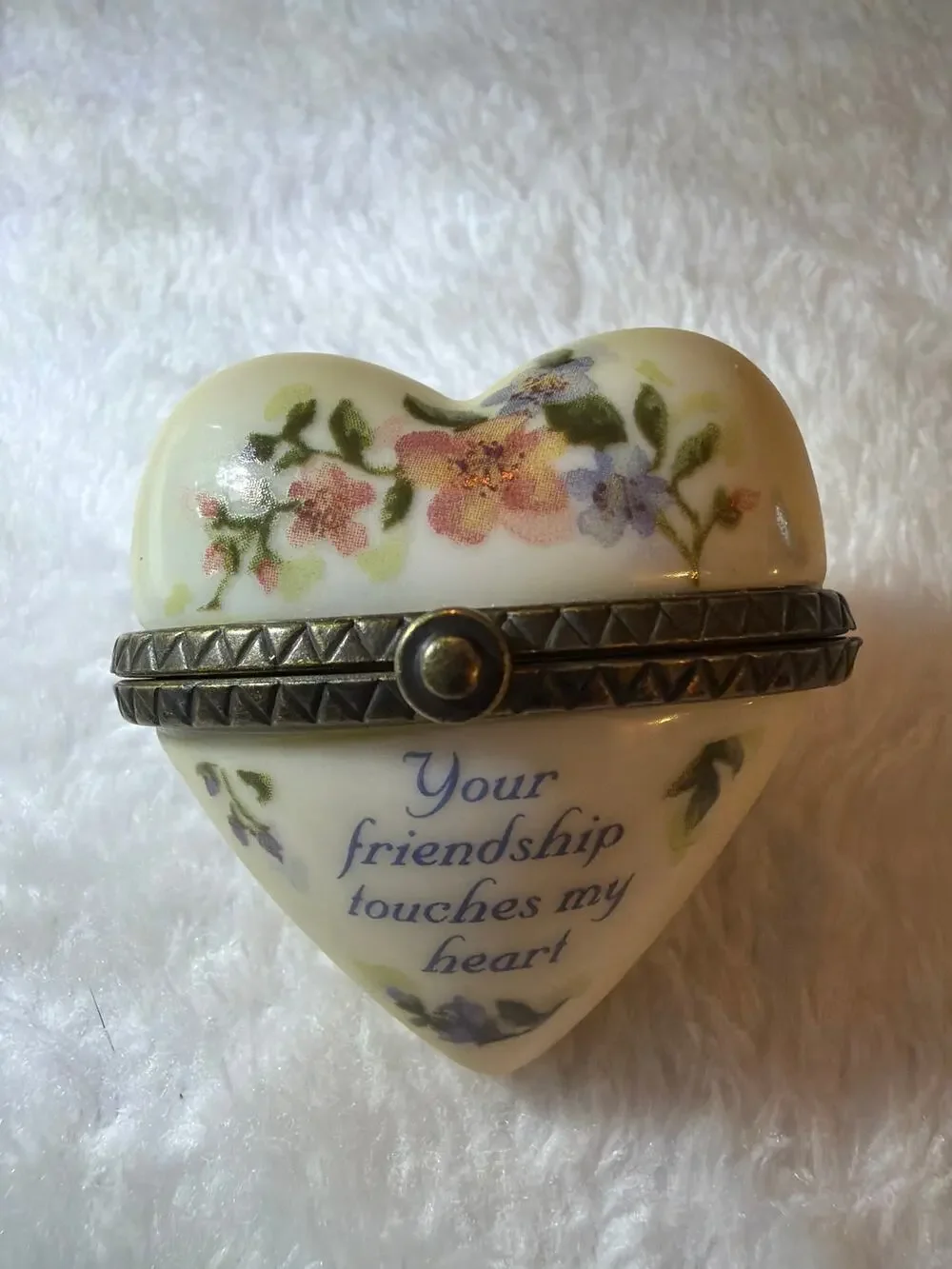 Porcelain Heart Trinket Box Your Friendship Touches My Heart Floral Hinged Vtg