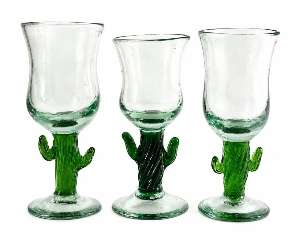Vintage Hand Blown Glass Cactus Goblets Set of 3 Green Saguaro Mexican Style