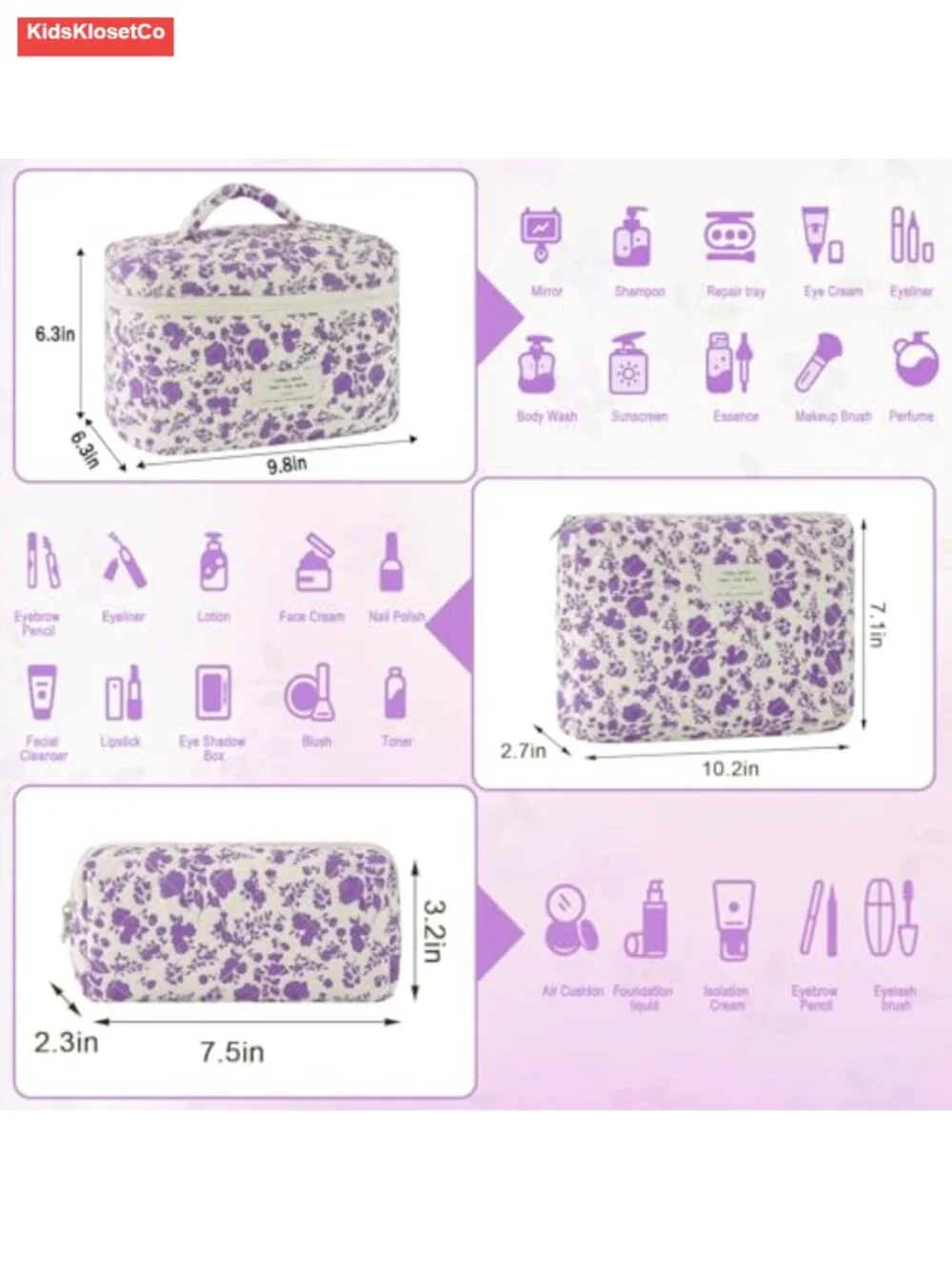 Quilted Cotton Makeup Bag Set of 3 Travel Cosmetic Organizer