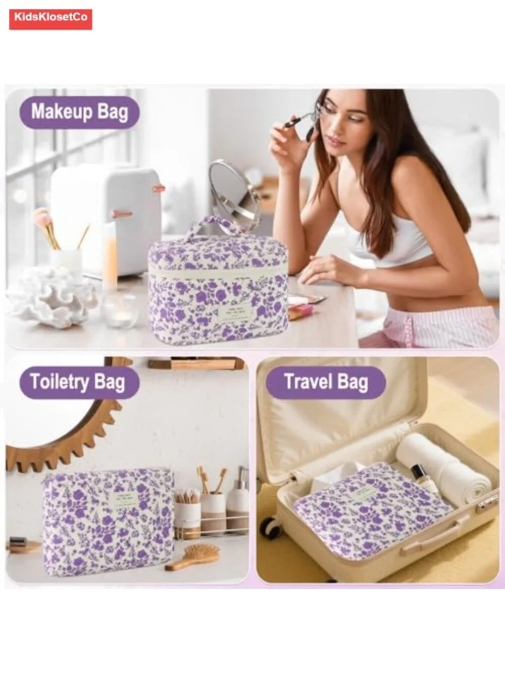 Quilted Cotton Makeup Bag Set of 3 Travel Cosmetic Organizer